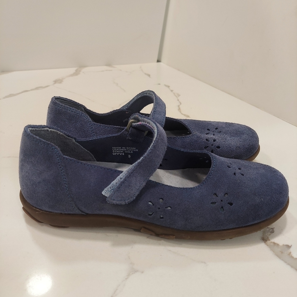 L.L. Bean Mary Jane blue velcro Shoe girls size 3 Suede Laser Cut Slip On Spain